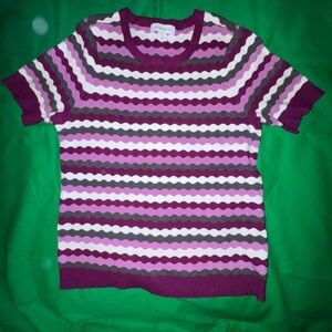 Liz Claiborne Short Sleeve sweater- Gray, Purple, Pink, and White Stripes
